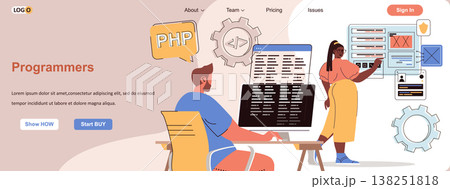 Programmers web concept. Developers program, create applications and software scene. Banner template with flat line characters design. Vector illustration for social media promotional materials 138251818