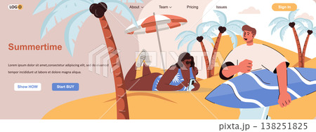 Summertime web concept. Relaxing on beach, surfing by sea resort, summer vacation scene. Banner template with flat line characters design. Vector illustration for social media promotional materials 138251825