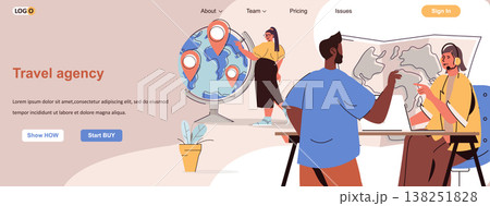 Travel agency web concept. Operator helps client to choose tourist tour at map scene. Banner template with flat line characters design. Vector illustration for social media promotional materials 138251828