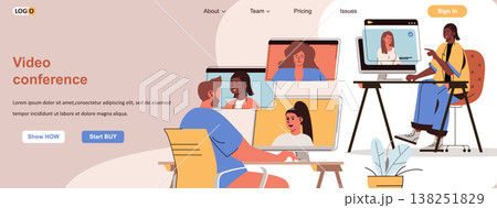 Video conference web concept. Online communication of friends, business meeting scene. Banner template with flat line characters design. Vector illustration for social media promotional materials Video conference web concept. Online communication of friends, business meeting scene. Banner template with flat line characters design. Vector illustration for social media promotional materials 138251829