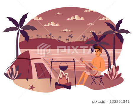 Summer vacation isolated scene. Tourist sitting by fire, playing guitar, resting in tent on beach by sea. Guy recreation at seaside resort tropical island. Vector illustration in flat cartoon design Summer vacation isolated scene. Tourist sitting by fire, playing guitar, resting in tent on beach by sea. Guy recreation at seaside resort tropical island. Vector illustration in flat cartoon design 138251841
