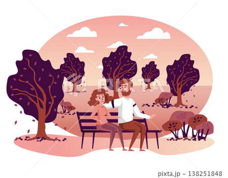 Couple sitting on bench in autumn park isolated scene. Man and woman hugging and spending time together outdoors. Autumn landscape and seasonal activities. Vector illustration in flat cartoon design Couple sitting on bench in autumn park isolated scene. Man and woman hugging and spending time together outdoors. Autumn landscape and seasonal activities. Vector illustration in flat cartoon design 138251848