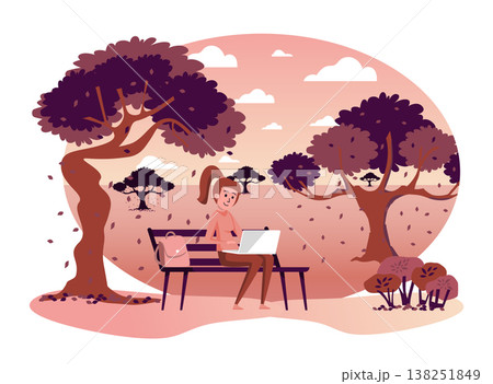 Woman works at laptop sitting on bench in autumn park isolated scene. Freelancer works or student study outside. Autumn landscape and seasonal activities. Vector illustration in flat cartoon design 138251849