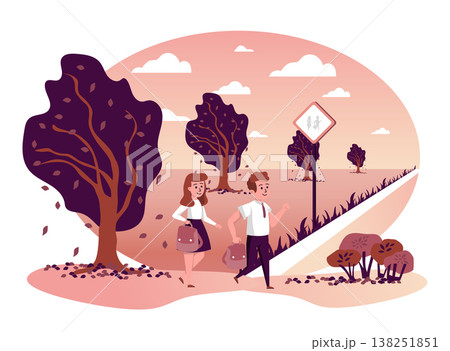 Children go back to school isolated scene. Classmates go to lessons crossing road next to road sign. Students learning, studying and receive education. Vector illustration in flat cartoon design 138251851