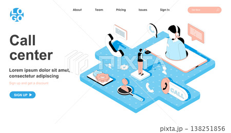 Call center isometric concept. Operator answers customer calls, technical support hotline, online consultations, line flat isometry web banner. Vector illustration in 3d design for landing page Call center isometric concept. Operator answers customer calls, technical support hotline, online consultations, line flat isometry web banner. Vector illustration in 3d design for landing page 138251856