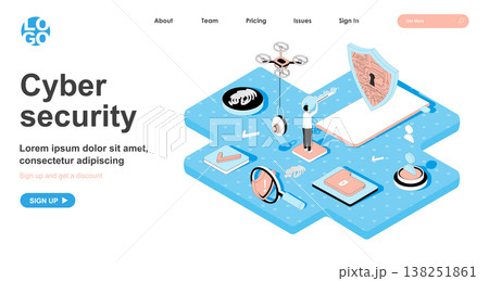 Cyber security isometric concept. Protection of personal data on Internet, password for access, fingerprint scanner, line flat isometry web banner. Vector illustration in 3d design for landing page Cyber security isometric concept. Protection of personal data on Internet, password for access, fingerprint scanner, line flat isometry web banner. Vector illustration in 3d design for landing page 138251861