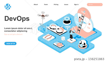 DevOps isometric concept. Monitoring and optimization of development processes and operations, teamwork administration, line flat isometry web banner. Vector illustration in 3d design for landing page 138251863