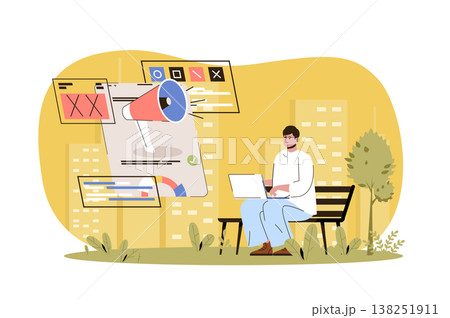 Advertising web character concept. Ad campaign in social networks, successful online communication, user advertisement, isolated scene with person. Vector illustration with people in flat design Advertising web character concept. Ad campaign in social networks, successful online communication, user advertisement, isolated scene with person. Vector illustration with people in flat design 138251911