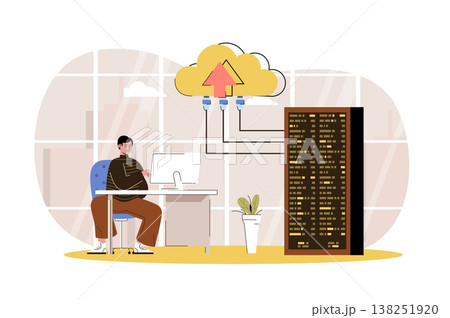 Data center web character concept. Engineer support and maintains server racks room. Cloud computing and storage service isolated scene with person. Vector illustration with people in flat design Data center web character concept. Engineer support and maintains server racks room. Cloud computing and storage service isolated scene with person. Vector illustration with people in flat design 138251920