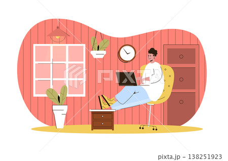 Freelance work web character concept. Freelancer works on laptop sitting on chair. Remote worker working at home office isolated scene with persons. Vector illustration with people in flat design Freelance work web character concept. Freelancer works on laptop sitting on chair. Remote worker working at home office isolated scene with persons. Vector illustration with people in flat design 138251923