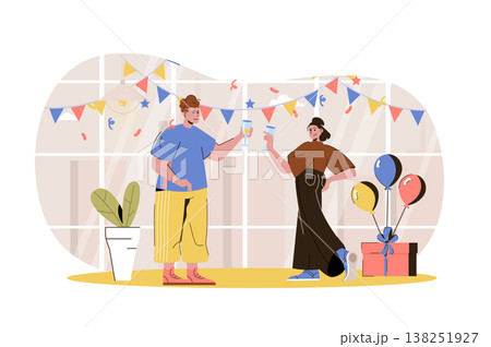 Home party web character concept. Man and woman celebrate holiday, drinking, have fun at festive event in room with decor isolated scene with persons. Vector illustration with people in flat design Home party web character concept. Man and woman celebrate holiday, drinking, have fun at festive event in room with decor isolated scene with persons. Vector illustration with people in flat design 138251927