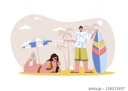 Summer time web character concept. Woman in swimsuit sunbathing on beach, man is going to surf. Couple rest on vacation isolated scene with persons. Vector illustration with people in flat design Summer time web character concept. Woman in swimsuit sunbathing on beach, man is going to surf. Couple rest on vacation isolated scene with persons. Vector illustration with people in flat design 138251937