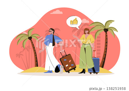 Summer vacation web character concept. Women with suitcases went on trip, summer trip to seaside tropical resort together isolated scene with persons. Vector illustration with people in flat design Summer vacation web character concept. Women with suitcases went on trip, summer trip to seaside tropical resort together isolated scene with persons. Vector illustration with people in flat design 138251938
