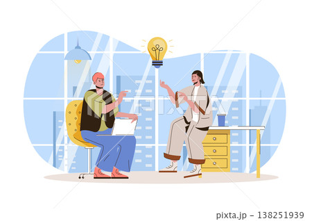 Teamwork web character concept. Employees brainstorming, create ideas, discussing work tasks, successfully collaborate isolated scene with persons. Vector illustration with people in flat design Teamwork web character concept. Employees brainstorming, create ideas, discussing work tasks, successfully collaborate isolated scene with persons. Vector illustration with people in flat design 138251939