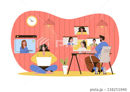 Video chatting web character concept. Woman and man talking on video conference, online meeting with friends or colleagues isolated scene with persons. Vector illustration with people in flat design 138251940