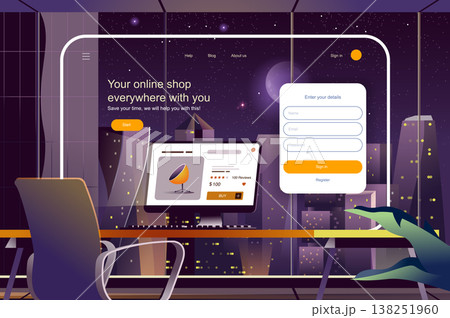 Online shop everywhere with you concept. Shopping at online store website layout. Choose of goods, payment for purchase and delivery of order. Vector illustration in flat design for landing page 138251960