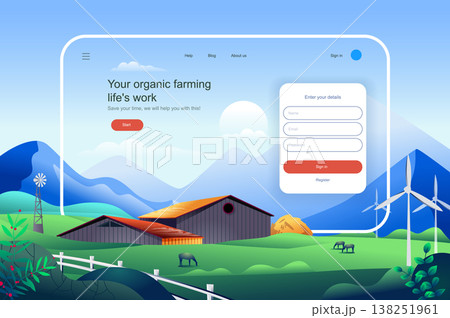 Organic farming lifes work concept. Agricultural business website layout. Eco friendly modern technologies in crop and livestock production. Vector illustration in flat design for landing page 138251961