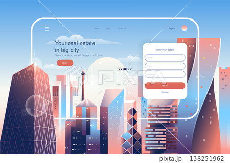 Real estate in big city concept. Real estate agency website layout. Construction, purchase and sale of apartments in skyscrapers buildings. Vector illustration in flat design for landing page Real estate in big city concept. Real estate agency website layout. Construction, purchase and sale of apartments in skyscrapers buildings. Vector illustration in flat design for landing page 138251962