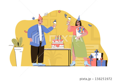 Birthday party concept. Man congratulates woman, gives her flowers bouquet situation. Festive event with cake people scene. Vector illustration with flat character design for website and mobile site 138251972