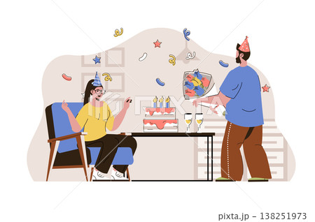 Birthday party concept. Couple in holiday hats drinking champagne situation. Party surprise with cake and gifts people scene. Vector illustration with flat character design for website and mobile site 138251973