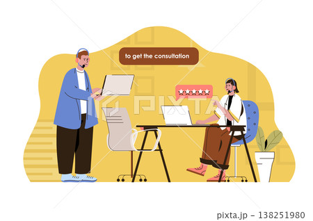 Call center concept. Man and woman operators answering customer, assistance situation. Technical support people scene. Vector illustration with flat character design for website and mobile site Call center concept. Man and woman operators answering customer, assistance situation. Technical support people scene. Vector illustration with flat character design for website and mobile site 138251980