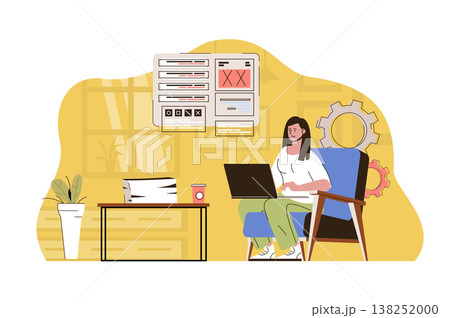 Work in better place concept. Woman working on laptop from home office situation. Comfortable remote workplace people scene. Vector illustration with flat character design for website and mobile site Work in better place concept. Woman working on laptop from home office situation. Comfortable remote workplace people scene. Vector illustration with flat character design for website and mobile site 138252000