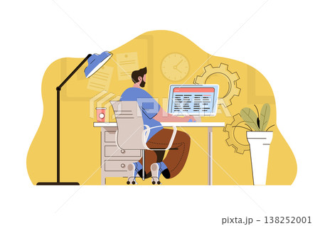 Work optimization concept. Man creates schedule, planning processes and tasks situation. Time management people scene. Vector illustration with flat character design for website and mobile site Work optimization concept. Man creates schedule, planning processes and tasks situation. Time management people scene. Vector illustration with flat character design for website and mobile site 138252001