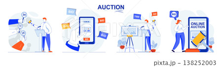 Auction concept set. Selling painting, buyers place bids, buying in online auction. People isolated scenes in flat design. Vector illustration for blogging, website, mobile app, promotional materials. Auction concept set. Selling painting, buyers place bids, buying in online auction. People isolated scenes in flat design. Vector illustration for blogging, website, mobile app, promotional materials. 138252003