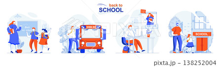Back to school concept set. Pupils study in lessons at class, e-learning at home. People isolated scenes in flat design. Vector illustration for blogging, website, mobile app, promotional materials. 138252004