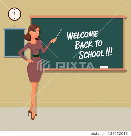 Young Female Teacher In Front Of Blackboard,Female teacher with chalkboard with notebooks and stick. Back to school concept, teacher's day. Vector illustration 138252018