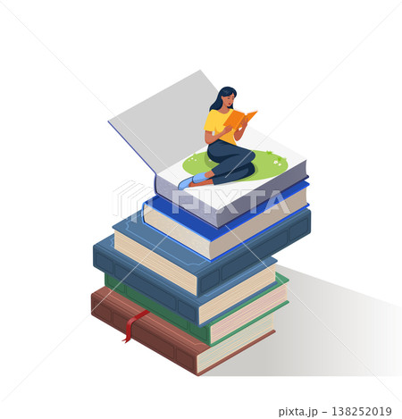 Girl sitting on a pile of books and reading a book. Isometric vector illustration. 138252019