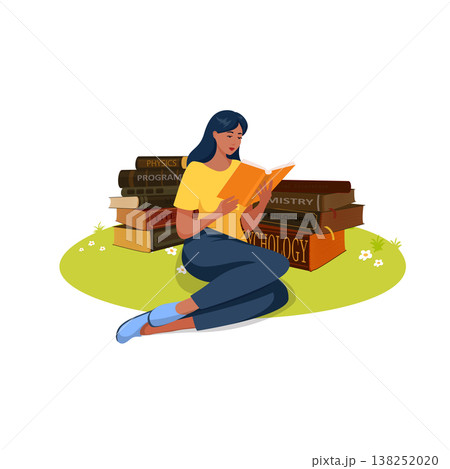 Girl sitting on the grass reading a book. Flat vector illustration. Girl sitting on the grass reading a book. Flat vector illustration. 138252020