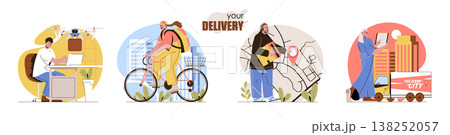 Delivery concept scenes set. Courier delivers purchase home, drone flies with package, tracking on map, logistics. Collection of people activities. Vector illustration of characters in flat design Delivery concept scenes set. Courier delivers purchase home, drone flies with package, tracking on map, logistics. Collection of people activities. Vector illustration of characters in flat design 138252057