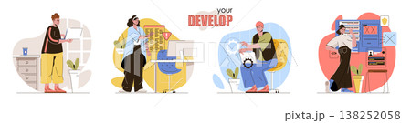 Develop concept scenes set. Developers coding, programs development, testing software, optimization applications. Collection of people activities. Vector illustration of characters in flat design 138252058