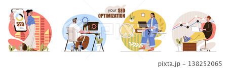 Seo optimization concept scenes set. Search settings, data analysis, increase traffic, marketing, online advertising. Collection of people activities. Vector illustration of characters in flat design Seo optimization concept scenes set. Search settings, data analysis, increase traffic, marketing, online advertising. Collection of people activities. Vector illustration of characters in flat design 138252065