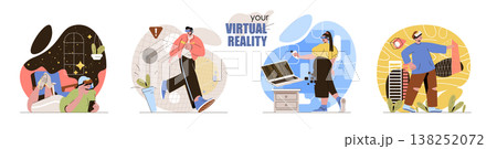 Virtual reality concept scenes set. Men and women wearing VR glasses play video games, explore planets, excursions. Collection of people activities. Vector illustration of characters in flat design 138252072