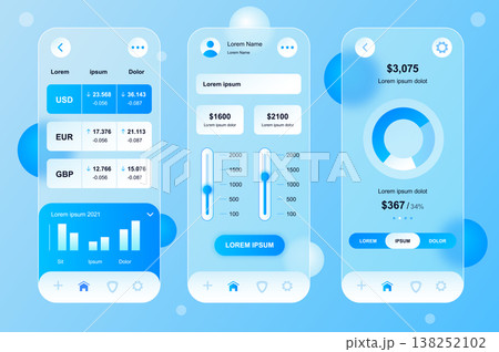 Finance neumorphic elements kit for mobile app. Online banking, currencies, statistics graphs, money in account. UI, UX, GUI screens set. Vector illustration of templates in glassmorphic design 138252102