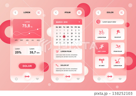 Fitness workout neumorphic elements kit for mobile app. Sports activity tracker, weight graph, calendar planner. UI, UX, GUI screens set. Vector illustration of templates in glassmorphic design Fitness workout neumorphic elements kit for mobile app. Sports activity tracker, weight graph, calendar planner. UI, UX, GUI screens set. Vector illustration of templates in glassmorphic design 138252103