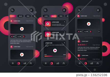 Video tube neumorphic elements kit for mobile app. Video player, live streaming service, multimedia content, feedback. UI, UX, GUI screens set. Vector illustration of templates in glassmorphic design 138252106