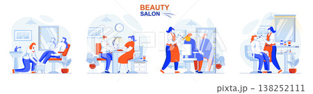 Beauty salon concept set. Hair coloring, professional make up, manicure, pedicure. People isolated scenes in flat design. Vector illustration for blogging, website, mobile app, promotional materials. Beauty salon concept set. Hair coloring, professional make up, manicure, pedicure. People isolated scenes in flat design. Vector illustration for blogging, website, mobile app, promotional materials. 138252111