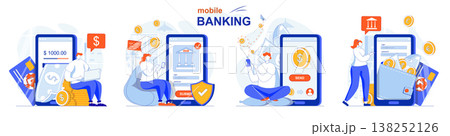Online banking concept set. App for financial transactions, payment, savings. People isolated scenes in flat design. Vector illustration for blogging, website, mobile app, promotional materials. 138252126