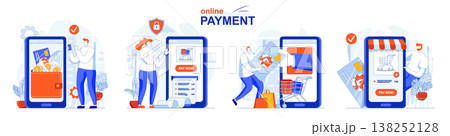 Online payment concept set. Financial transactions, accounting, pay for purchases. People isolated scenes in flat design. Vector illustration for blogging, website, mobile app, promotional materials. 138252128