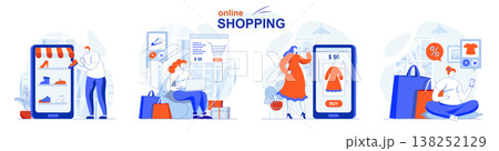 Online shopping concept set. Buyers select products on site, pay and receive order. People isolated scenes in flat design. Vector illustration for blogging, website, mobile app, promotional materials. Online shopping concept set. Buyers select products on site, pay and receive order. People isolated scenes in flat design. Vector illustration for blogging, website, mobile app, promotional materials. 138252129