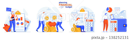 Planning financial budget concept set. Online banking, accounting and savings. People isolated scenes in flat design. Vector illustration for blogging, website, mobile app, promotional materials. Planning financial budget concept set. Online banking, accounting and savings. People isolated scenes in flat design. Vector illustration for blogging, website, mobile app, promotional materials. 138252131