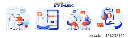 Podcast streaming concept set. Live broadcast of interviews, talks or lectures. People isolated scenes in flat design. Vector illustration for blogging, website, mobile app, promotional materials. Podcast streaming concept set. Live broadcast of interviews, talks or lectures. People isolated scenes in flat design. Vector illustration for blogging, website, mobile app, promotional materials. 138252132