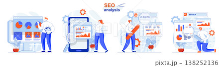 Seo analysis concept set. Analysis of search query data, business statistics. People isolated scenes in flat design. Vector illustration for blogging, website, mobile app, promotional materials. 138252136