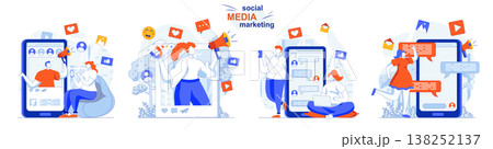 Social media marketing concept set. Online promotion strategy, advertising content. People isolated scenes in flat design. Vector illustration for blogging, website, mobile app, promotional materials. 138252137