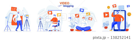 Video blogging concept set. Bloggers recording videos, create digital content. People isolated scenes in flat design. Vector illustration for blogging, website, mobile app, promotional materials. 138252141