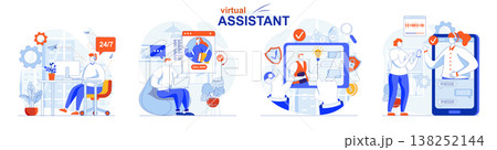 Virtual assistant concept set. Clients write to chats and calls to operators. People isolated scenes in flat design. Vector illustration for blogging, website, mobile app, promotional materials. 138252144