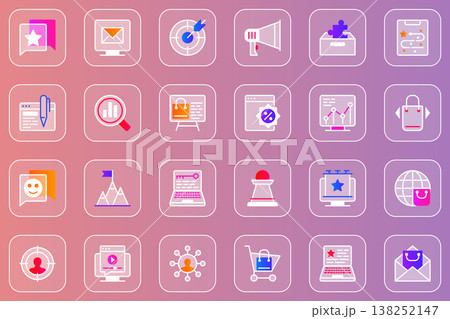 Digital marketing web glassmorphic icons set. Pack outline pictograms of email newsletter, targeting, megaphone , successful strategy, data analysis, customer buys and other. Vector line glass symbols Digital marketing web glassmorphic icons set. Pack outline pictograms of email newsletter, targeting, megaphone , successful strategy, data analysis, customer buys and other. Vector line glass symbols 138252147